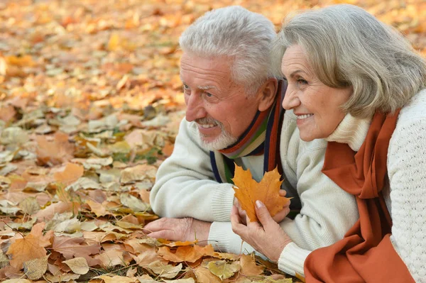 Couple in autumn park lying — Stock Photo, Image