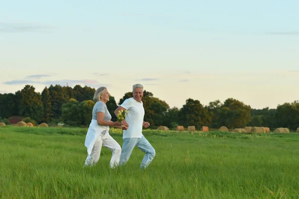 Старшая пара, бегущая в поле — стоковое фото