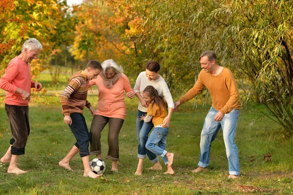 Stor familj spelar fotboll — Stockfoto