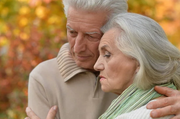Sorgliga äldre par i park — Stockfoto