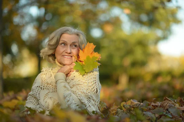Sonbahar yapraklarını tutan kadın — Stok fotoğraf