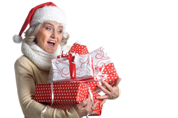 Chapeau femme au Père Noël avec cadeaux — Photo