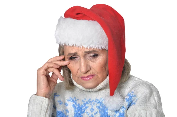 Triste senior mujer en santa hat — Foto de Stock