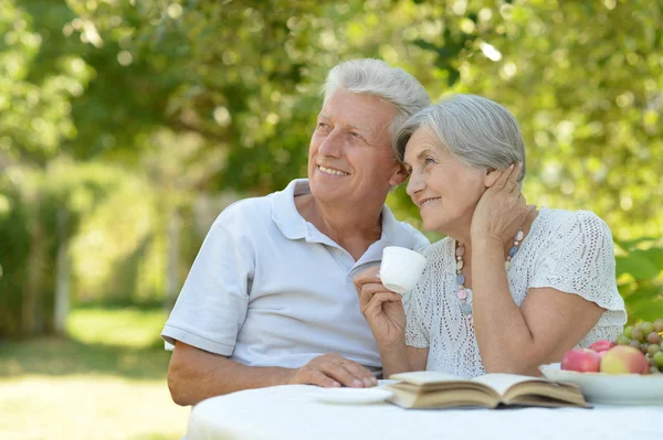 Happy old couple with  book — Stock Photo, Image