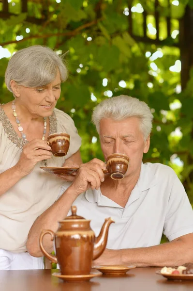 Starší pár pije čaj — Stock fotografie