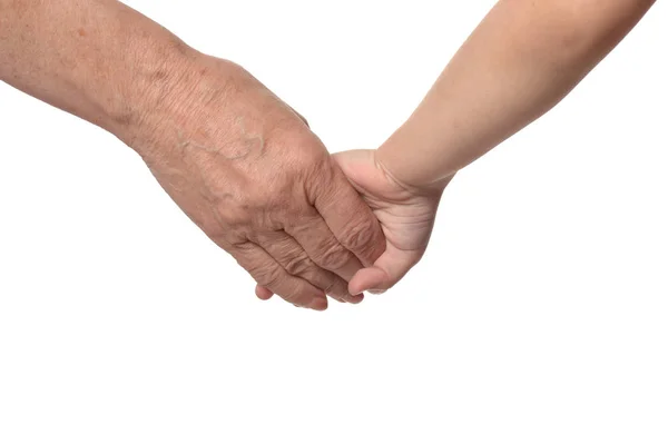 Mano Abuela Con Niña Mano Sobre Fondo Blanco —  Fotos de Stock