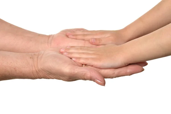 Mani Della Nonna Con Mani Della Bambina Sfondo Bianco — Foto Stock