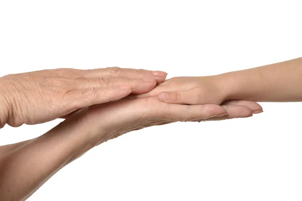 Manos Abuela Con Niña Mano Sobre Fondo Blanco — Foto de Stock