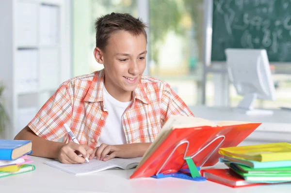 Écolier Souriant Faisant Ses Devoirs Maison — Photo