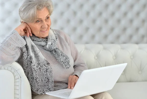 Gülümseyen Yaşlı Kadın Dizüstü Bilgisayar Kullanıyor — Stok fotoğraf