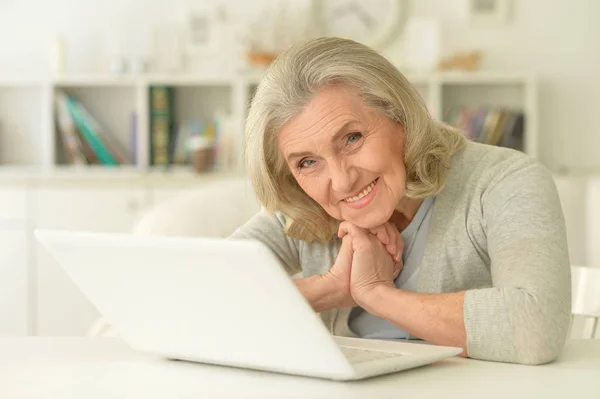 Leende Äldre Kvinna Med Bärbar Dator — Stockfoto