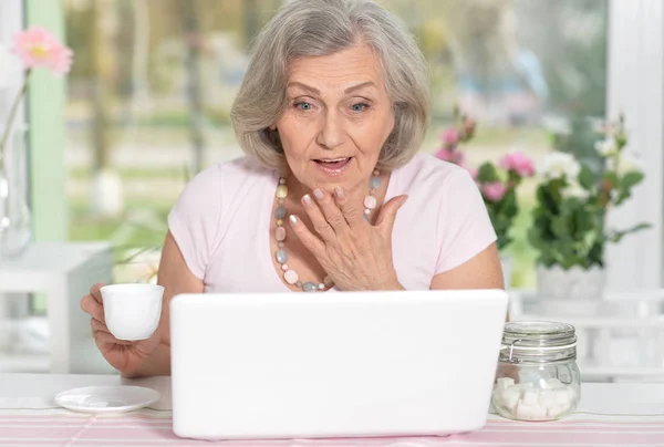 Seniorin Arbeitet Hause Mit Laptop — Stockfoto