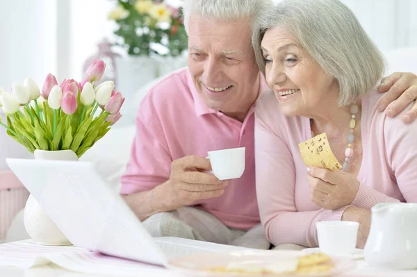 Porträt Eines Glücklichen Schönen Senioren Paares Mit Laptop Hause — Stockfoto