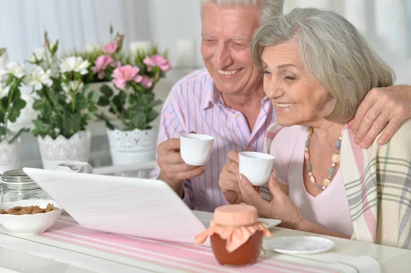 Porträt Eines Glücklichen Schönen Senioren Paares Mit Laptop Hause — Stockfoto