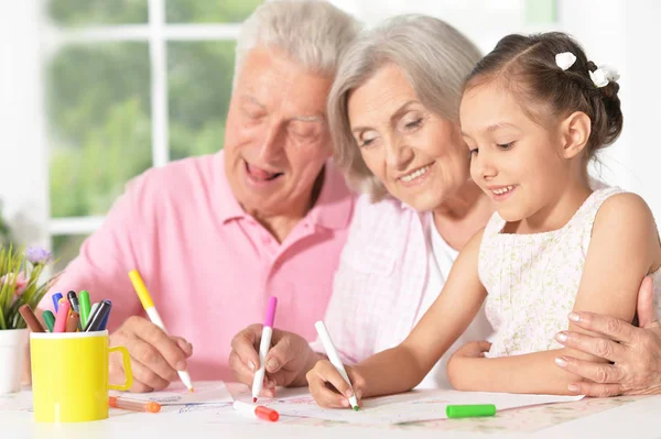 Little Cute Girl Grandparents Drawing Table Home — Stock Photo, Image