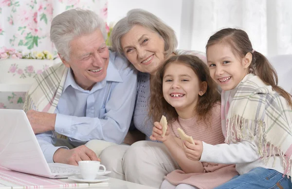 Porträt Eines Glücklichen Seniorenpaares Mit Enkeln Und Laptop Hause — Stockfoto