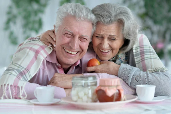 Happy Senior Couple Drinking Tea Home — Stock Photo, Image