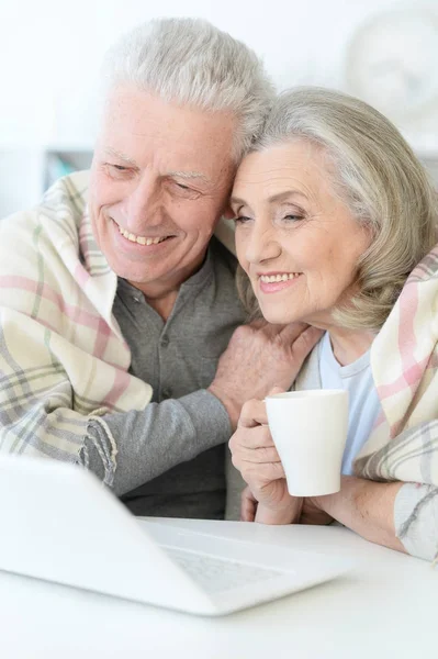 Portrait Happy Beautiful Senior Couple Using Laptop Home — Stock Photo, Image