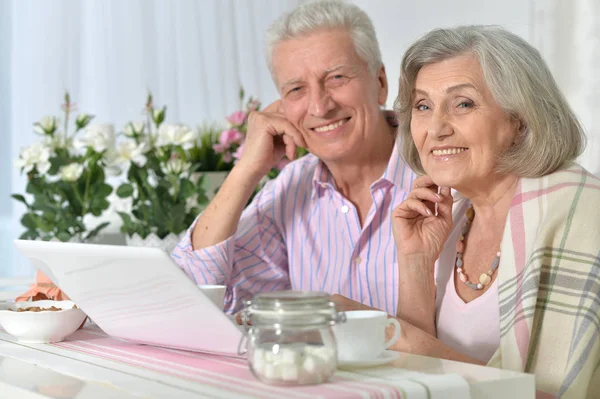 Retrato Feliz Hermosa Pareja Ancianos Utilizando Ordenador Portátil Casa — Foto de Stock