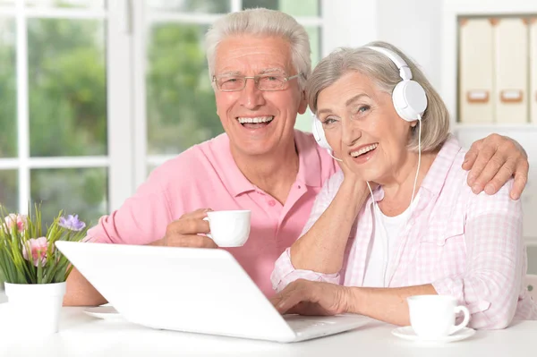 Porträtt Lyckliga Vackra Senior Paret Använder Laptop Hemma — Stockfoto