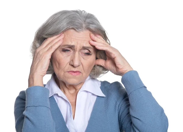 Triste Donna Anziana Isolata Sfondo Bianco — Foto Stock