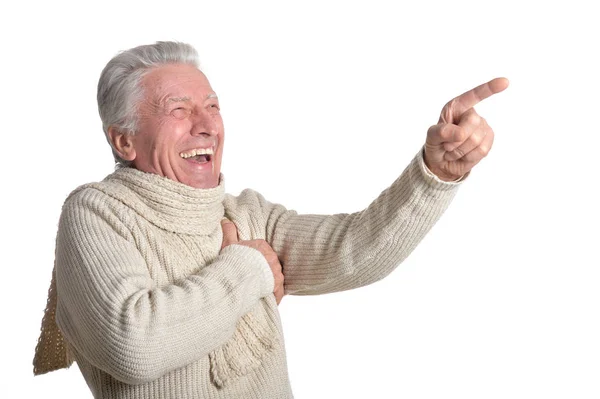 Retrato Homem Idoso Feliz Apontando Isolado Fundo Branco — Fotografia de Stock