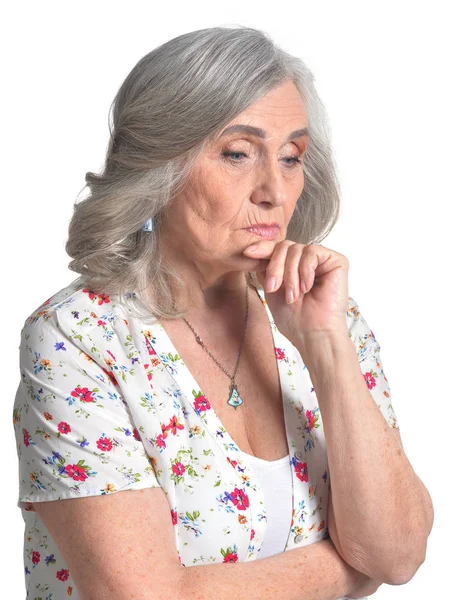 Грустная Пожилая Женщина Изолирована Белом Фоне — стоковое фото