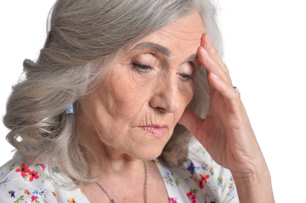 Triste Donna Anziana Isolata Sfondo Bianco — Foto Stock