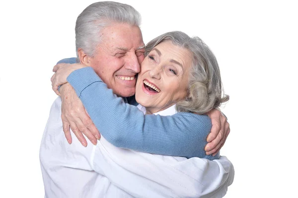 Portrait Hugging Senior Couple Isolated White Background — Stock Photo, Image