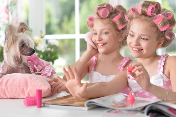 Adorable girls with dog — Stock Photo, Image