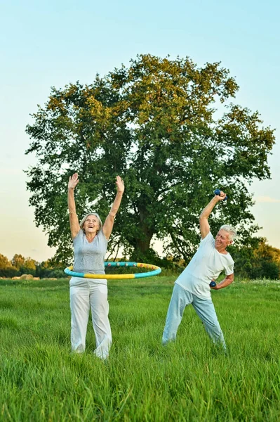 Happy Senior Couple Doing Exercises Autumnal Park — Stock Photo, Image