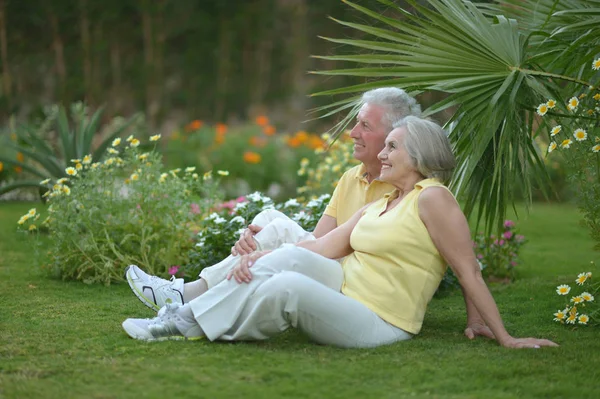 Älteres Paar Posiert Auf Gras Urlaubsort — Stockfoto