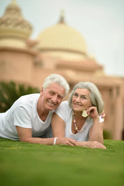 Älteres Paar Posiert Auf Gras Urlaubsort — Stockfoto