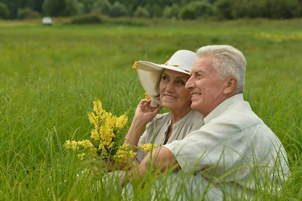 Szczęśliwa Para Senior Siedzący Zielonej Trawie — Zdjęcie stockowe