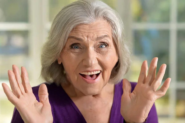 Porträt Einer Seniorin Lila Bluse Die Hause Posiert — Stockfoto