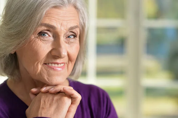 Portrait Senior Woman Purple Blouse Posing Home — Stock Photo, Image