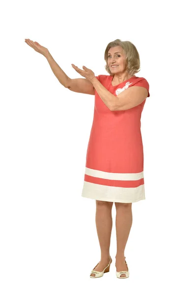 Emotional Elderly Woman Showing Something White Background — Stock Photo, Image