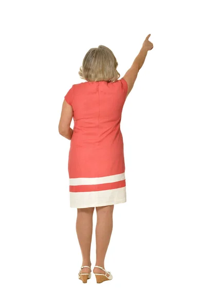 Emotional Elderly Woman Showing Something White Background — Stock Photo, Image