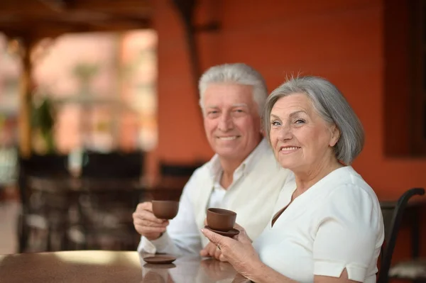 Mooie Hoge Paar Drinken Thee Buiten — Stockfoto