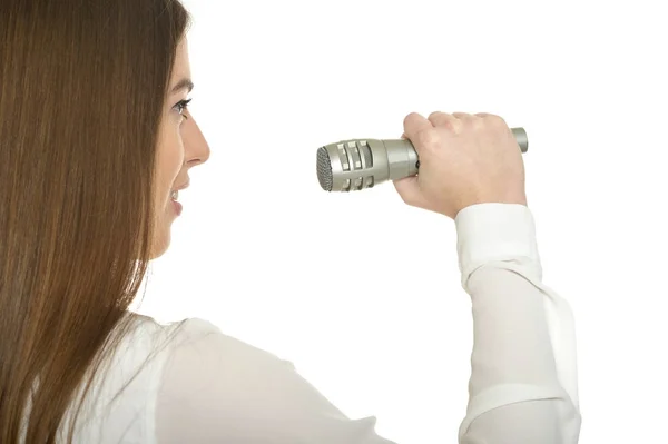 Jeune femme avec microphone — Photo