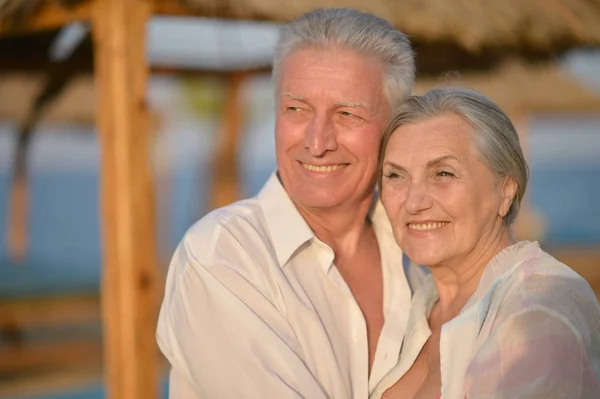 Beautiful Happy Elderly Couple Beach Tropical Resort — Stock Photo, Image