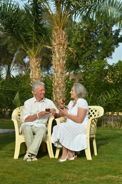 Vacker Äldre Par Dricka Utanför — Stockfoto