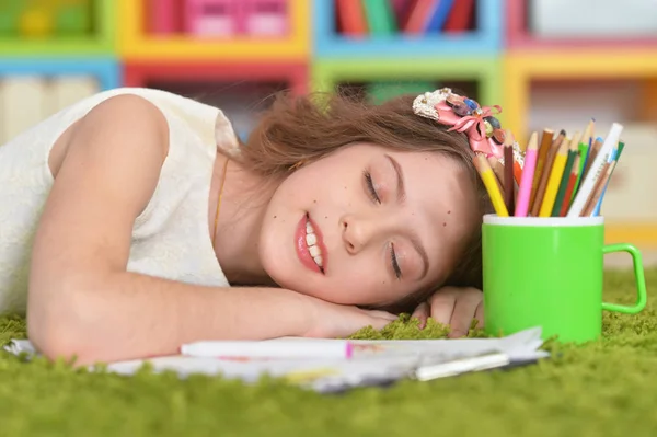 Portrait Cute Little Girl Sleeping Pile Books — Stock Photo, Image