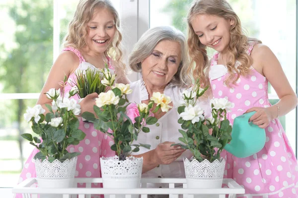 Бабушка с внучками поливают цветы — стоковое фото