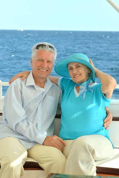 Smiling Elderly Couple Resting Yacht Sea — Stock Photo, Image