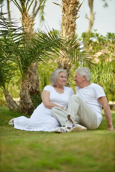 Pareja Mayor Posando Hierba Resort —  Fotos de Stock