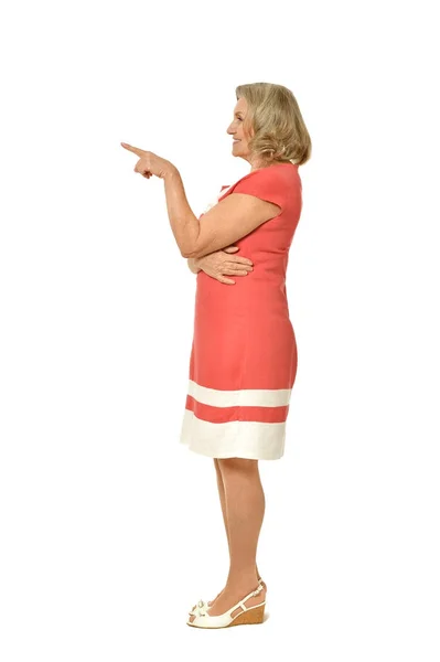 Emotional Elderly Woman Showing Something White Background — Stock Photo, Image