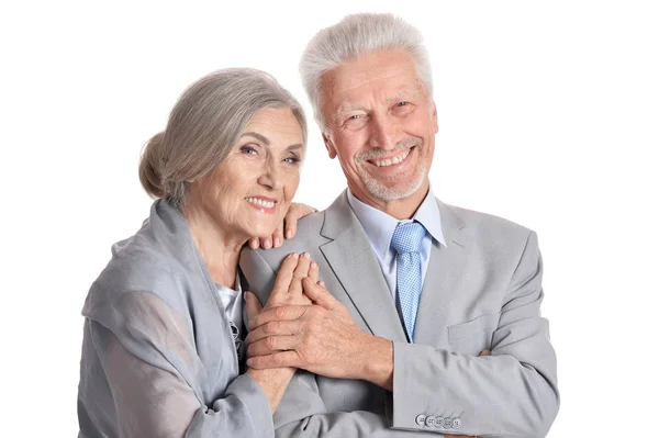 Portrait Hugging Senior Couple Isolated White Background — Stock Photo, Image