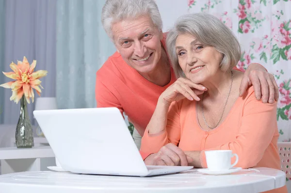 Retrato Feliz Hermosa Pareja Ancianos Utilizando Ordenador Portátil Casa —  Fotos de Stock