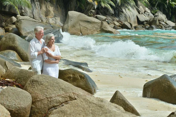 Bejaarde echtpaar uitgevoerd op strand — Stockfoto
